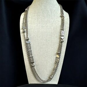 Vintage Silver-Tone Multi-Strand Necklace 54” Ribbed Beads &  Panels 1970s–1980s